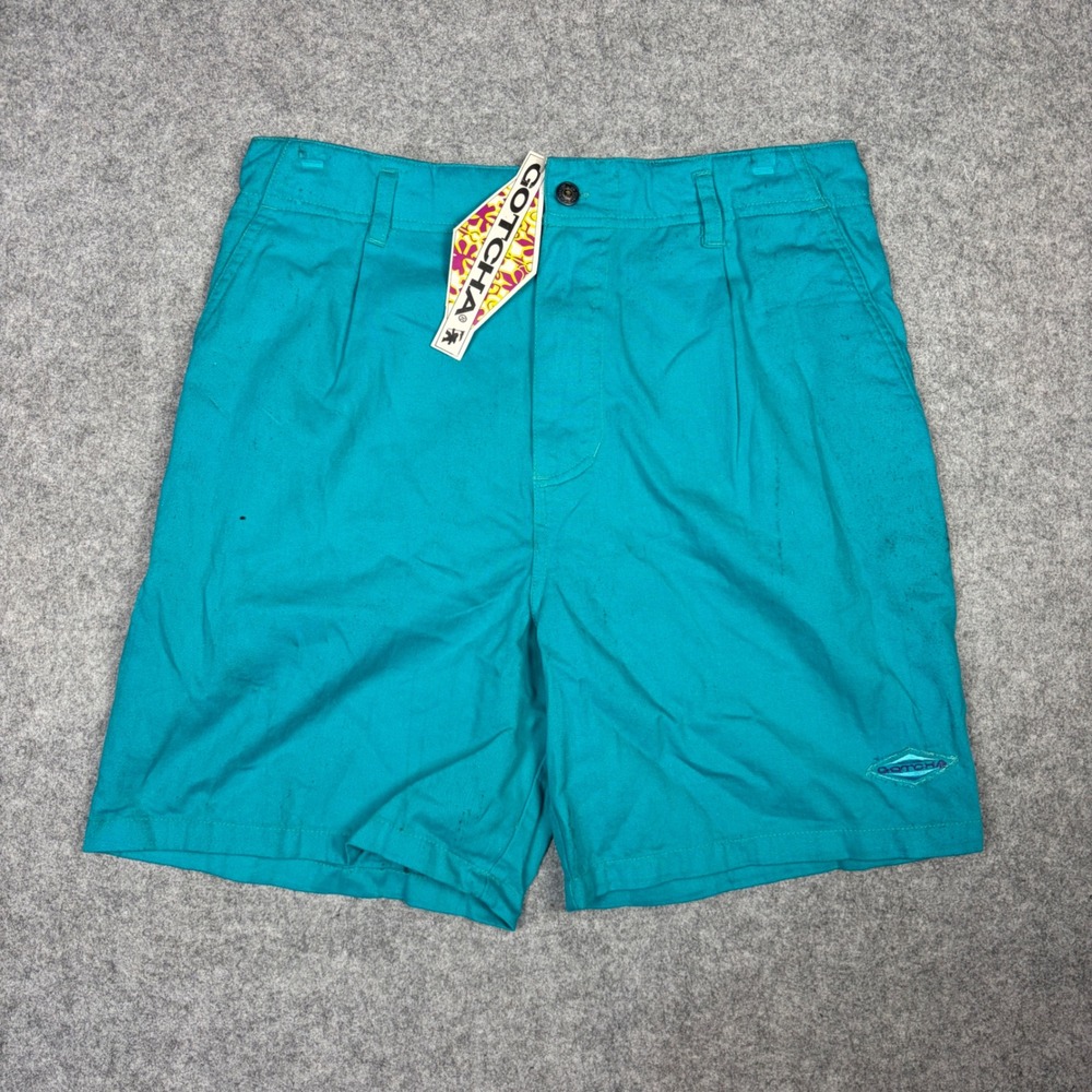 Vintage Gotcha Mens Teal Turquoise Cotton Twill Surf Shorts Size 30 90s Surfwear